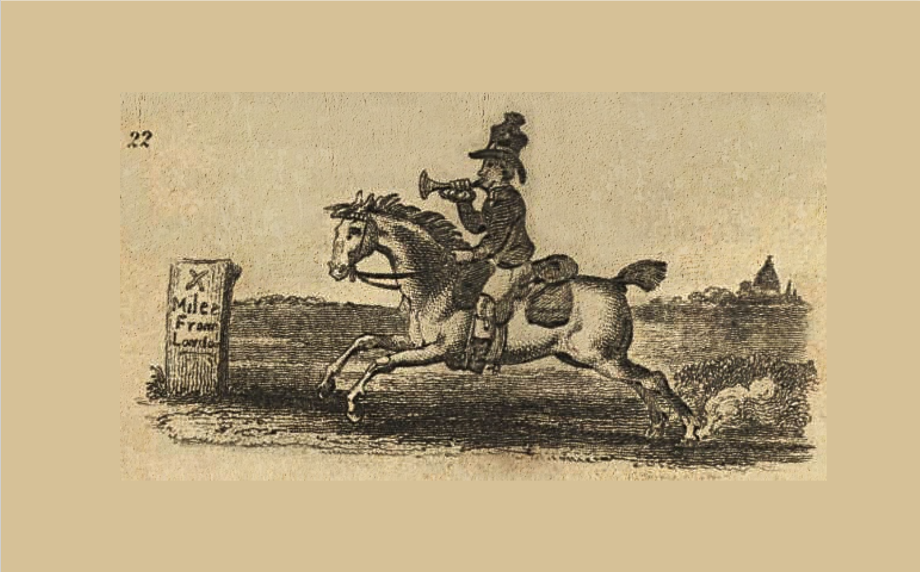 Drawing of a man riding a horse and blowing a horn