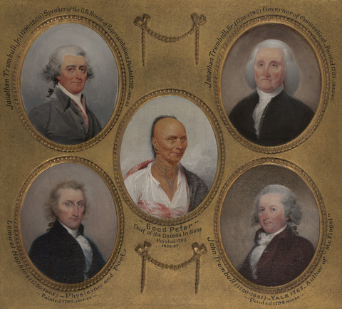 Portrait of "Good Peter" surrounded by the portraits of four white men.