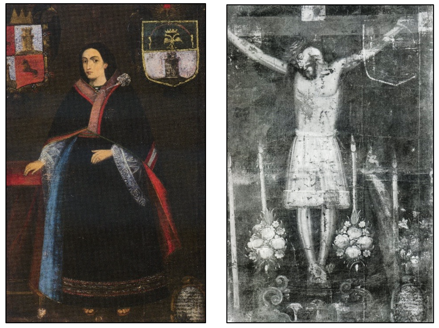 On the left, a painting of Manuela Tupa Amaro. On the right, a depiction of Christ on the cross. 