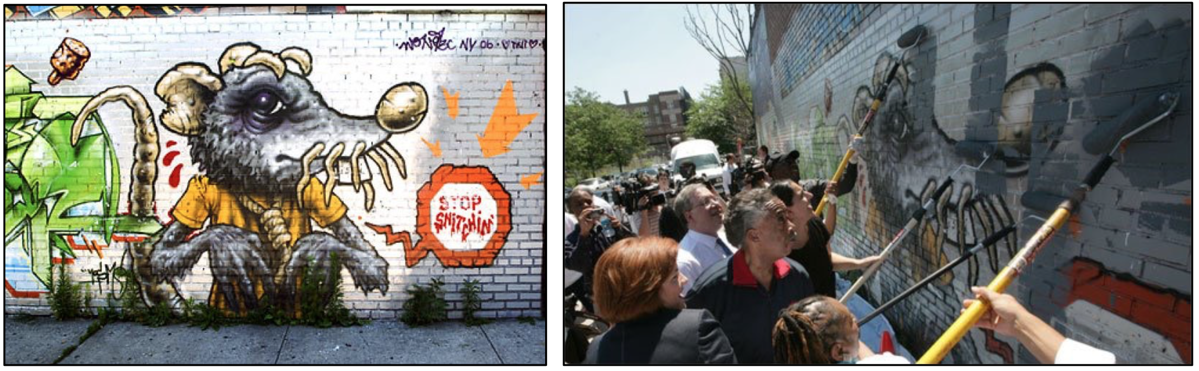 On the left, mural of a rat. with a noose around its neck. On the right, a crowd covering up the mural with paint. 
