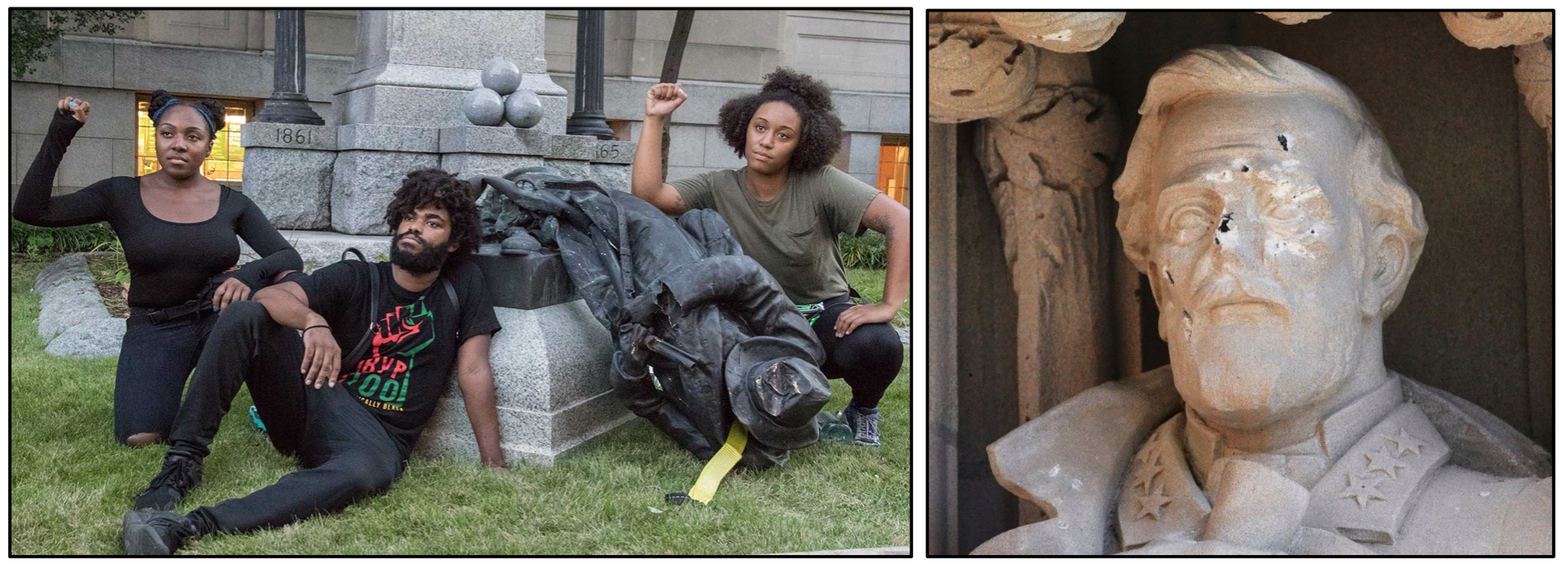On the left, Protesters posing next to the toppled confederate statue in Durham, NC. On the right, defaced statue of Robert E. Lee. 