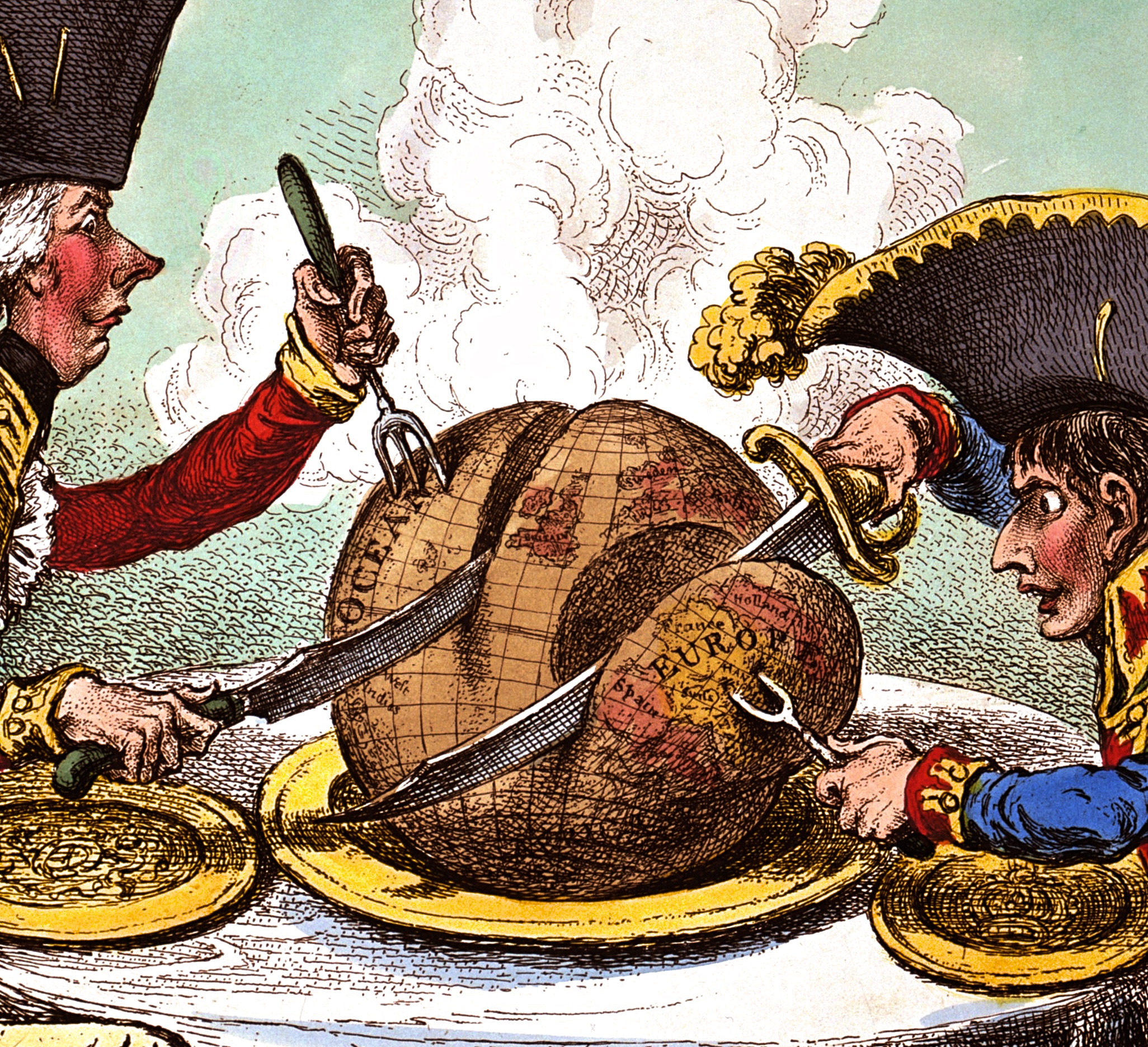 Drawing of two men cutting the globe into slices.