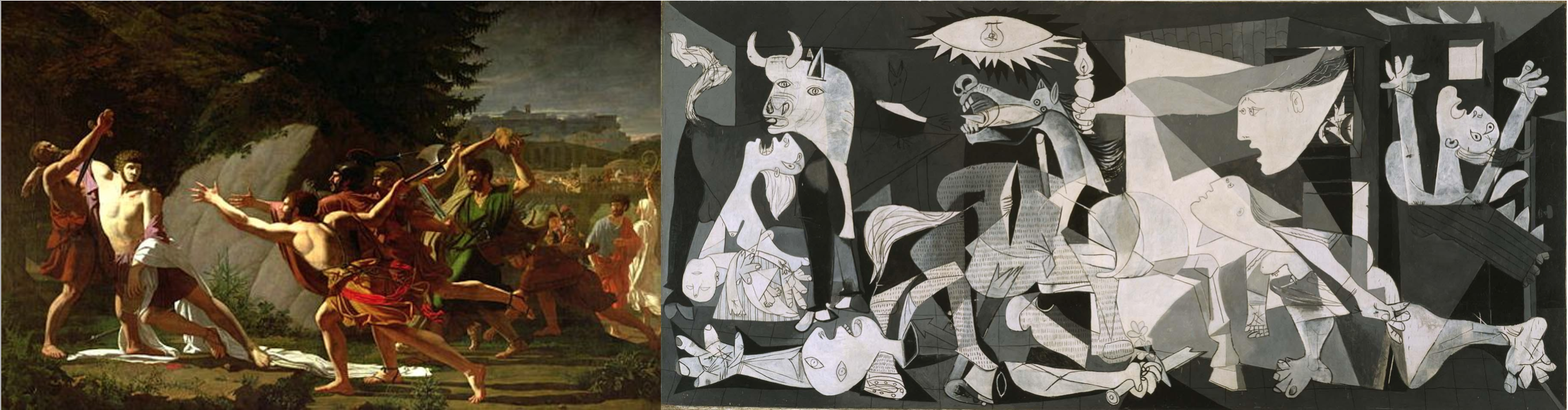 On the left, a painting of the Death of Gaius Gracchus. On the right, the painting Guernica by Picasso. 