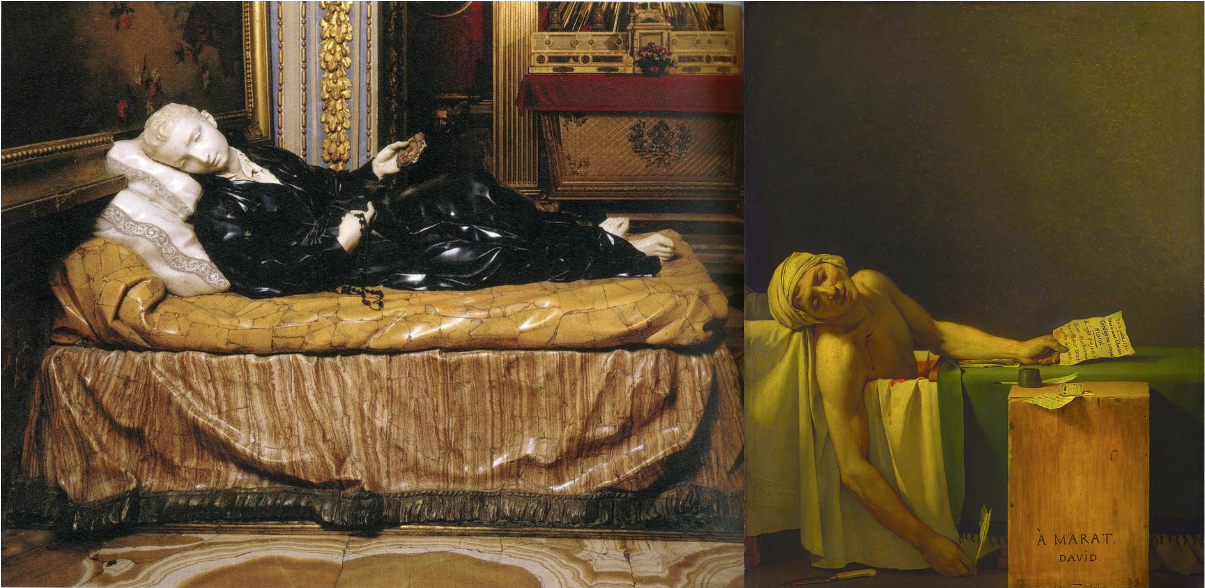 On the left, sculpture of Stanislas Kotska. On the right, painting of the death of Marat in his bathtub. 