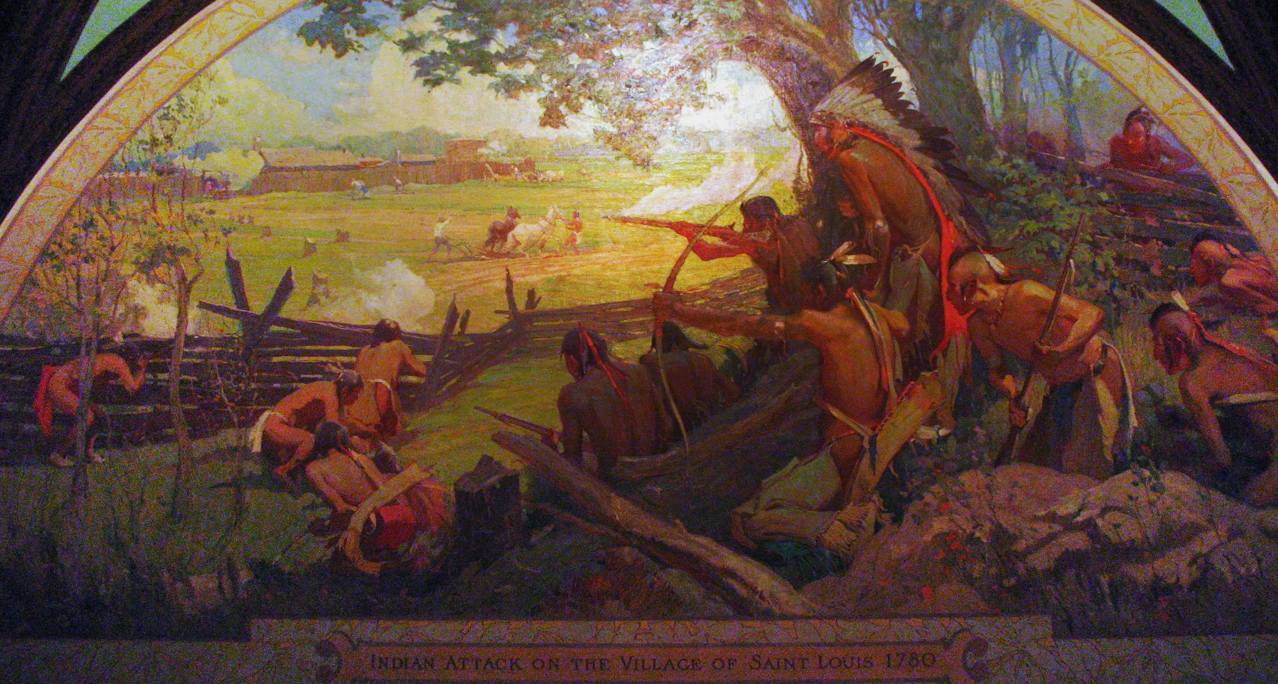Native Americans attacking the town of Saint-Louis.