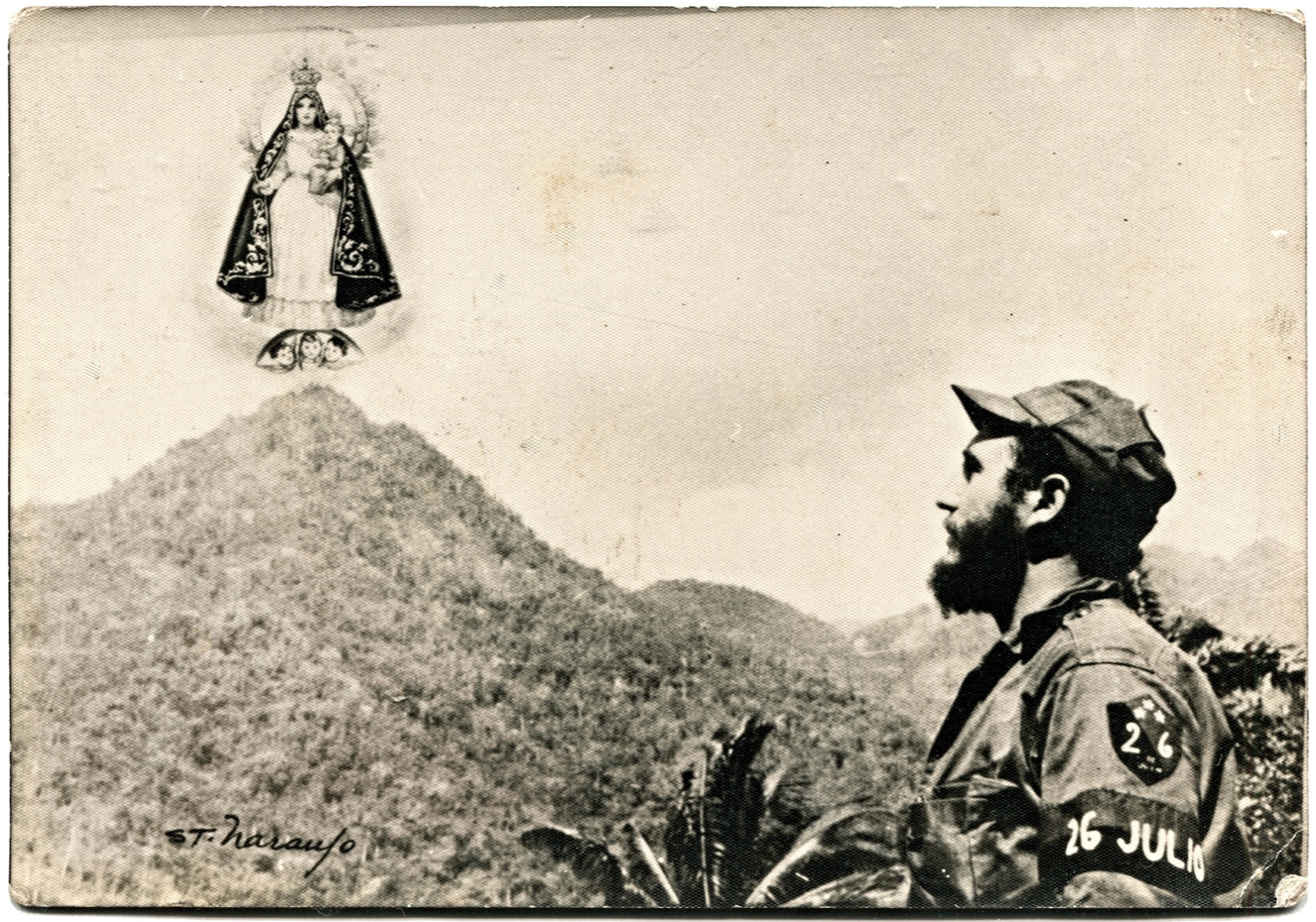 Postcard with Fidel Castro looking towards Our Lady of Charity. 