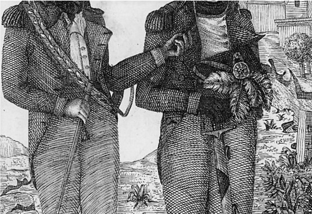 Part of an engraving of two men in uniform talking.