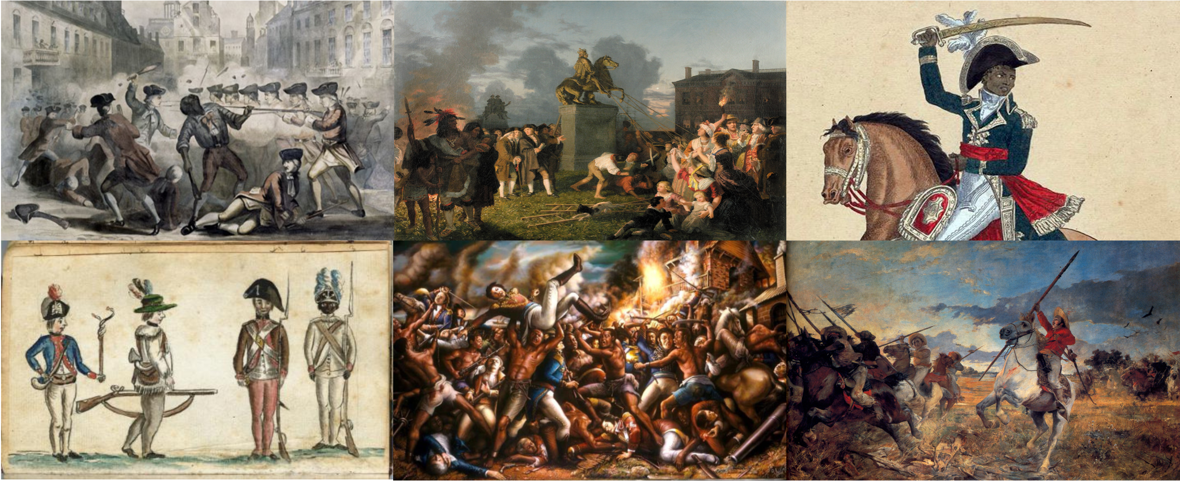 Collage of paintings of battle scenes.