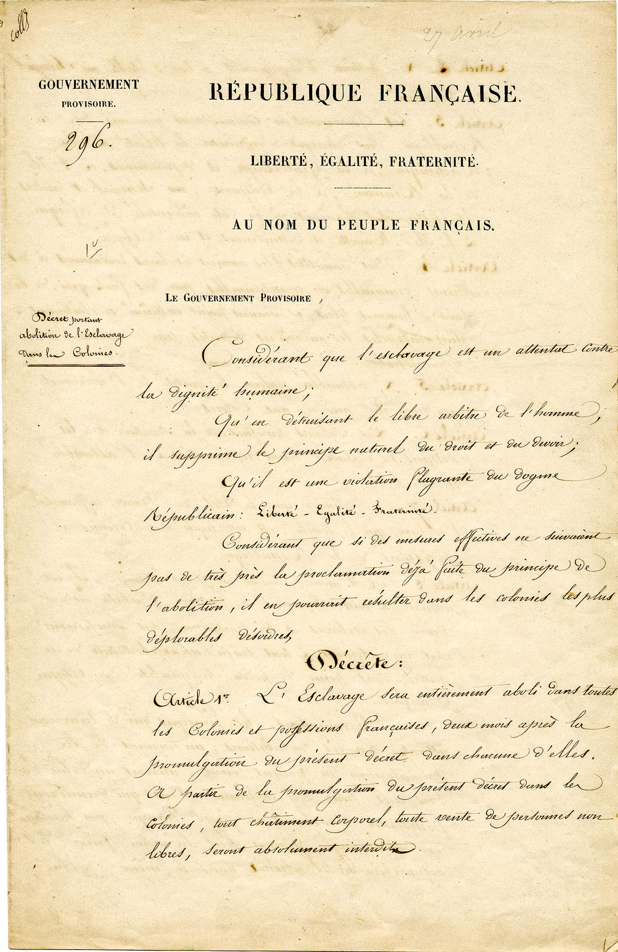 Decree of April 27, 1848 abolishing slavery in the French colonies. 