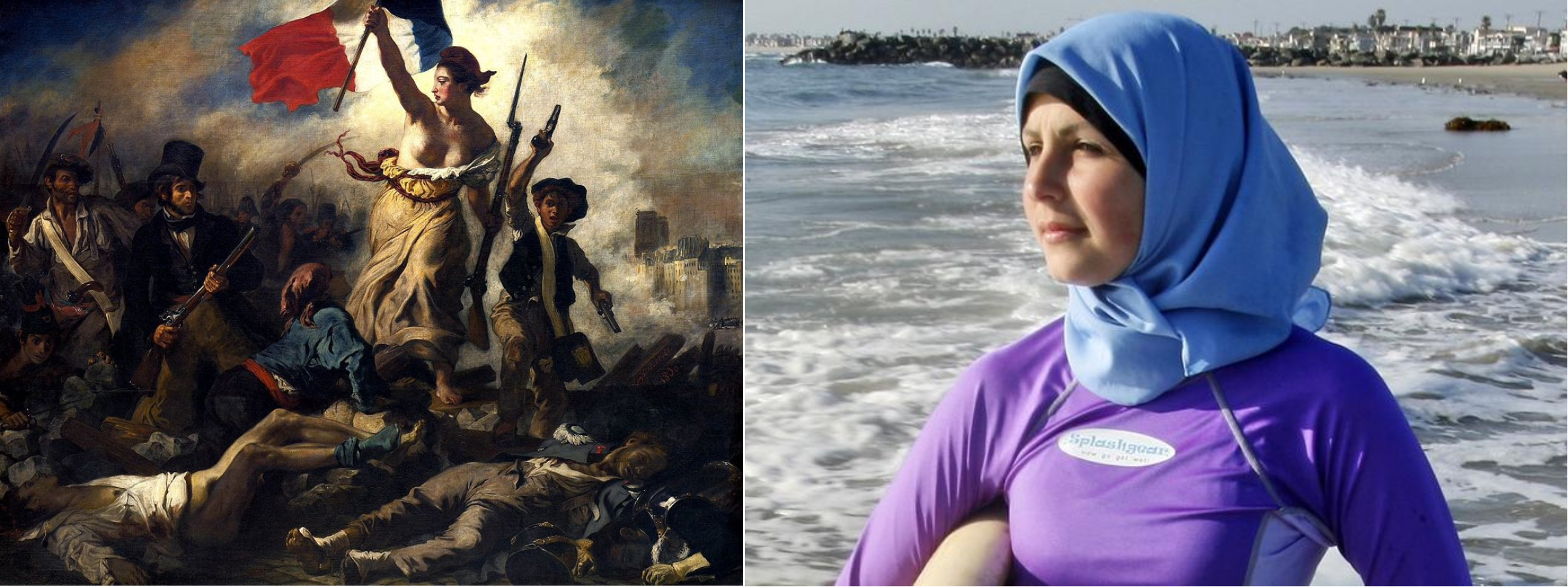 Left: painting of woman leading a crowd and holding a French flag. Right: Samantha Wareh wearing a Burkina on the beach. 