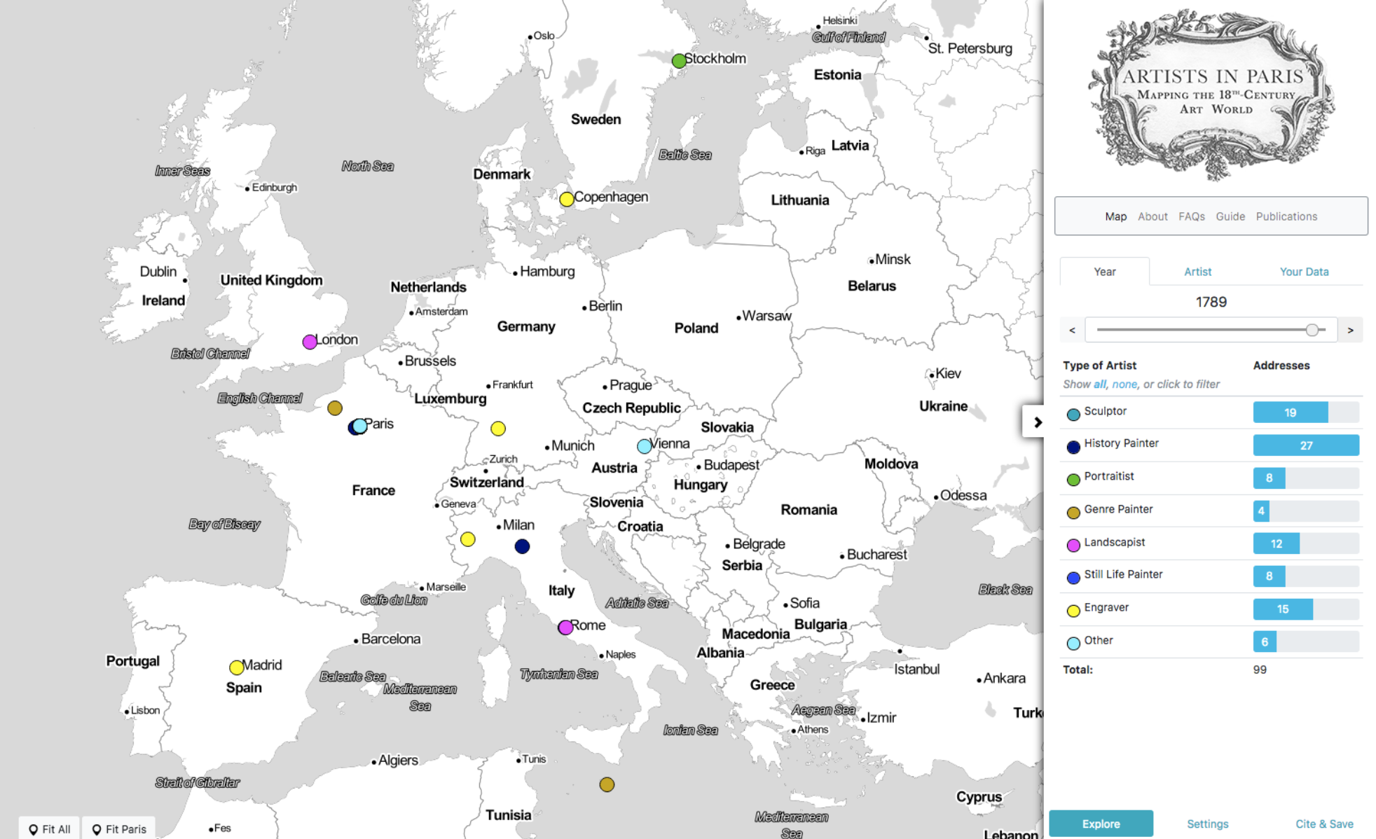Map of Europe highlighting artists' addresses. 
