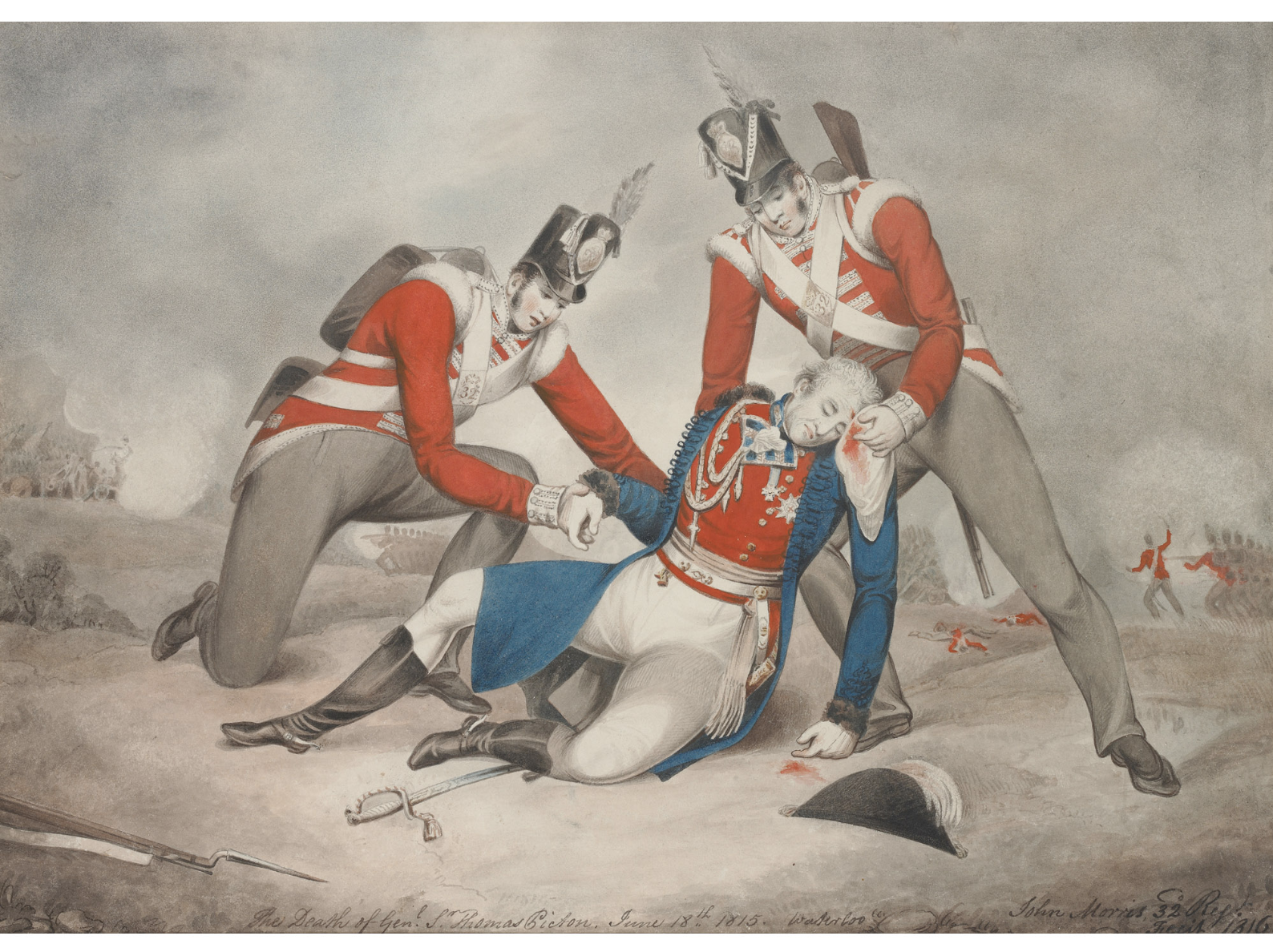 Two soldiers holding a general as he dies.