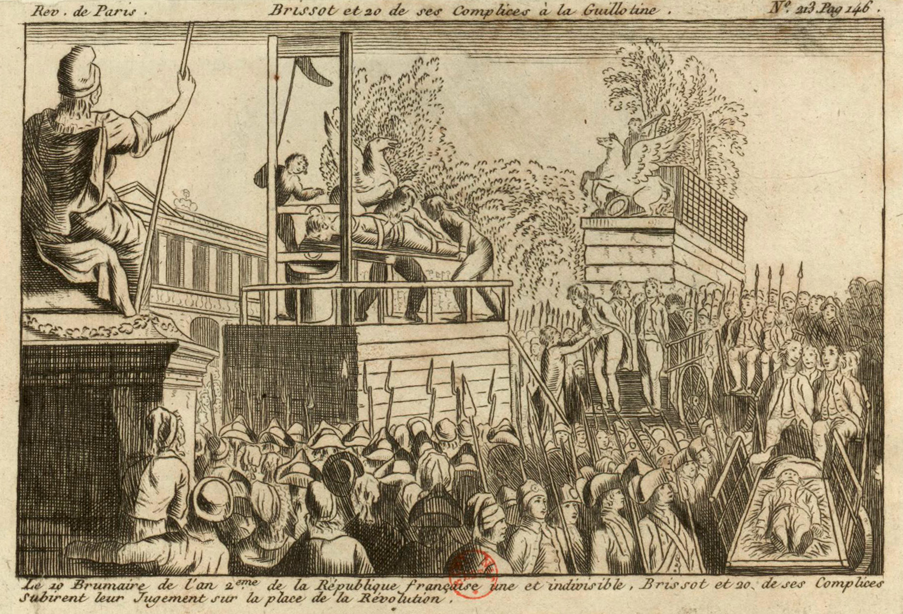 A crowd is gathered to watch the execution of Brissot by guillotine.