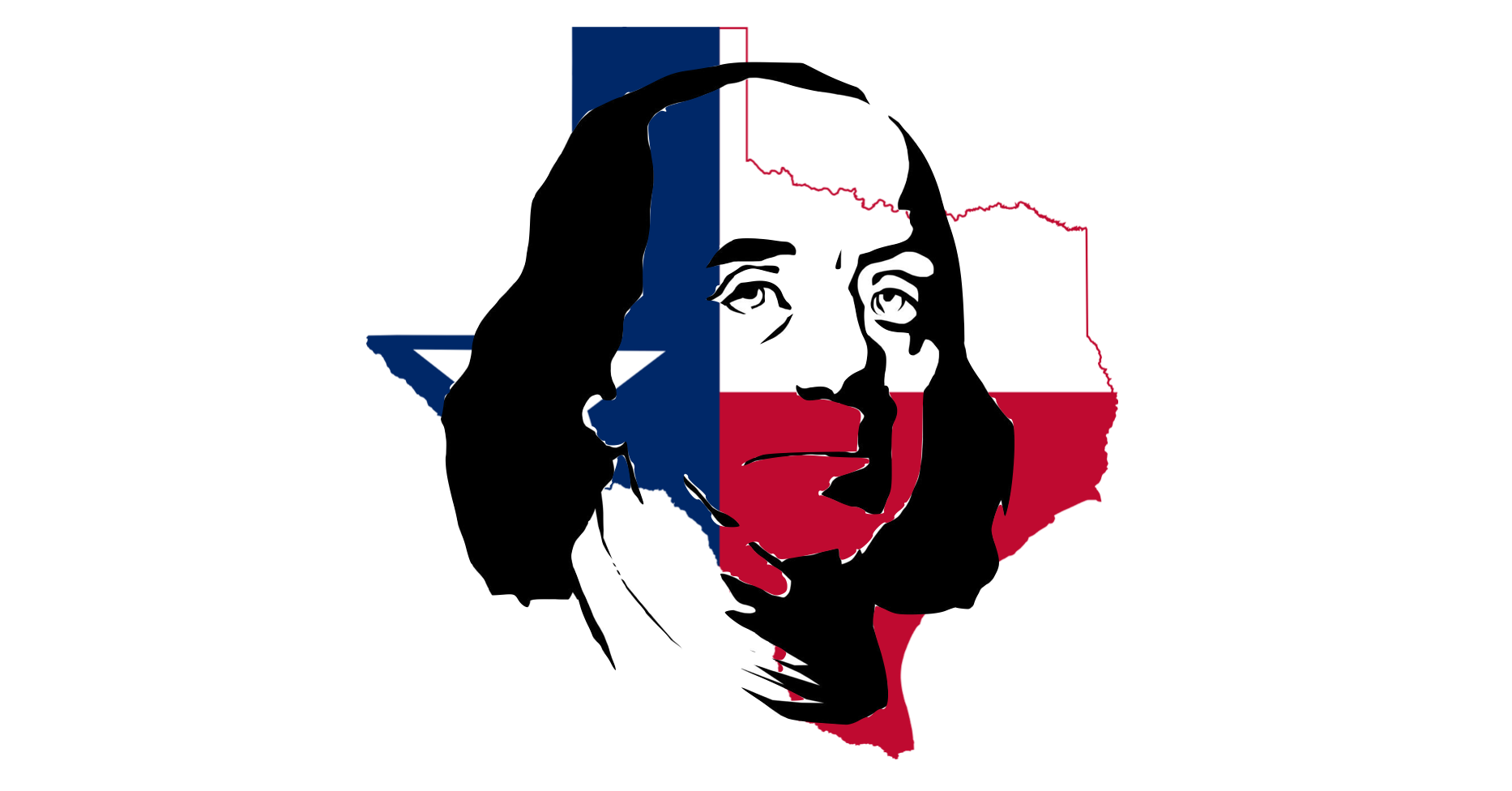 A Portrait of Ben Franklin over the state and flag of Texas.