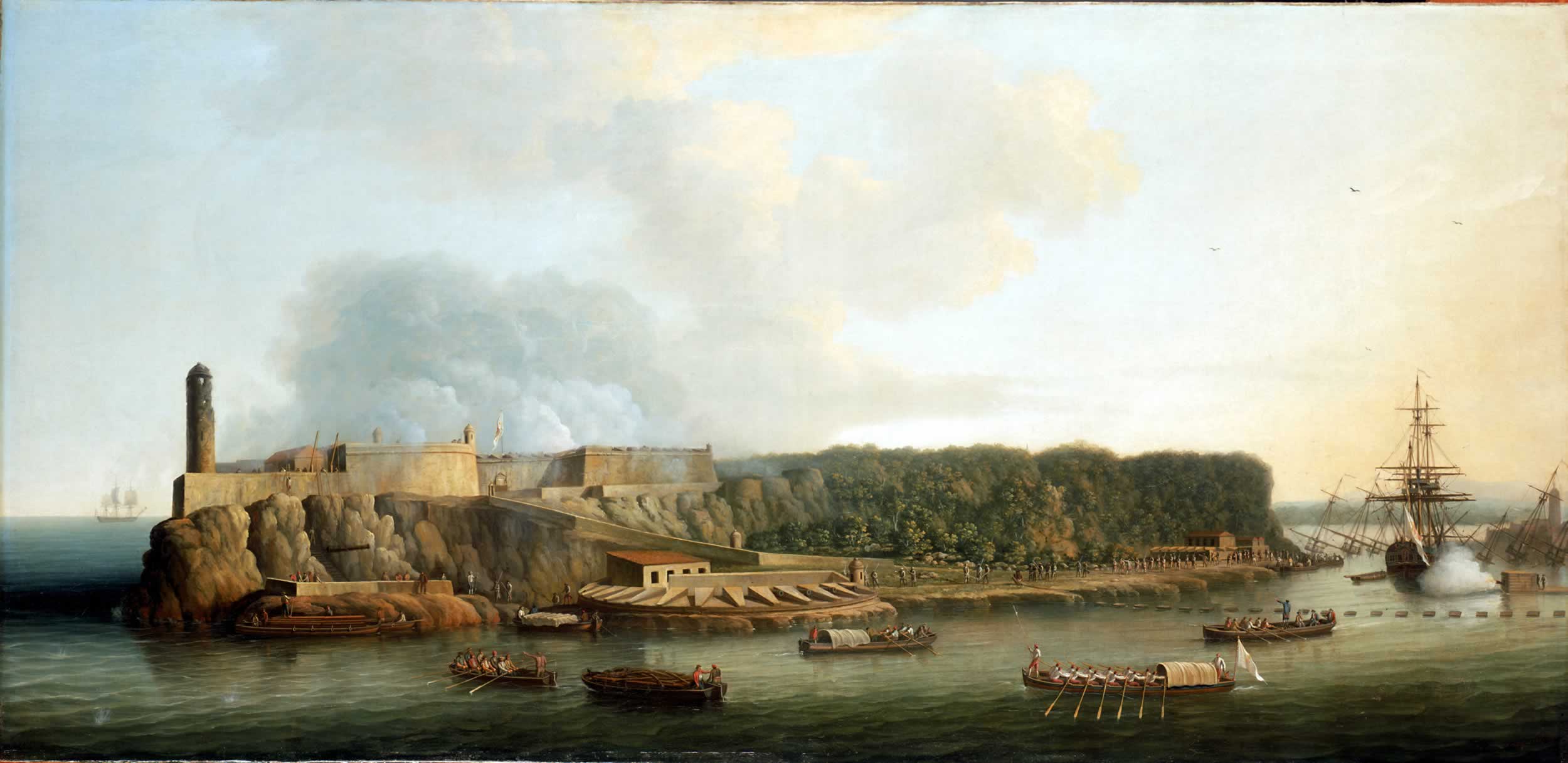 Painting of the Morro Castle surrounded by ships and soldiers. 
