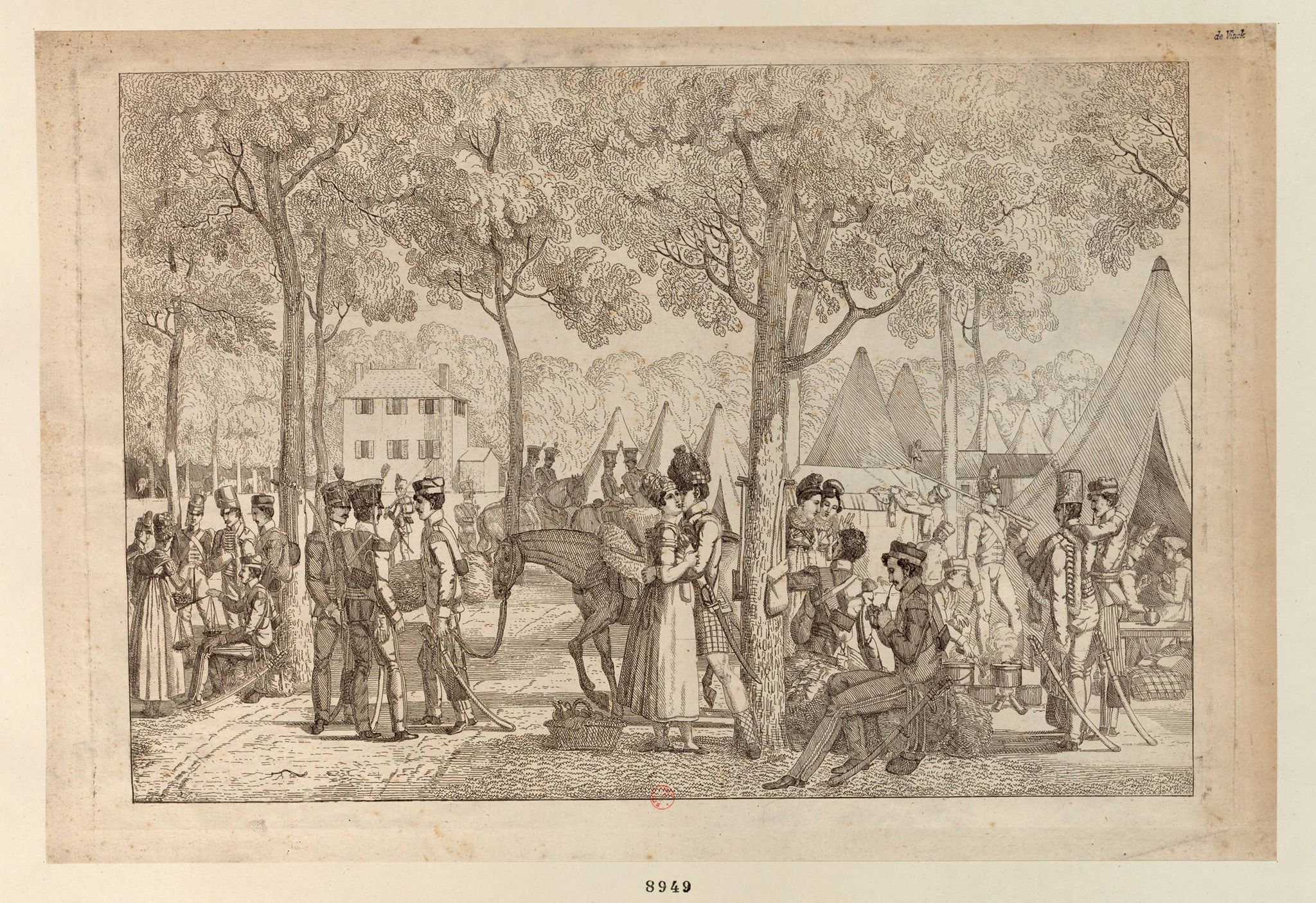 Engraving of soldiers gathered on the Champs-Elysées.