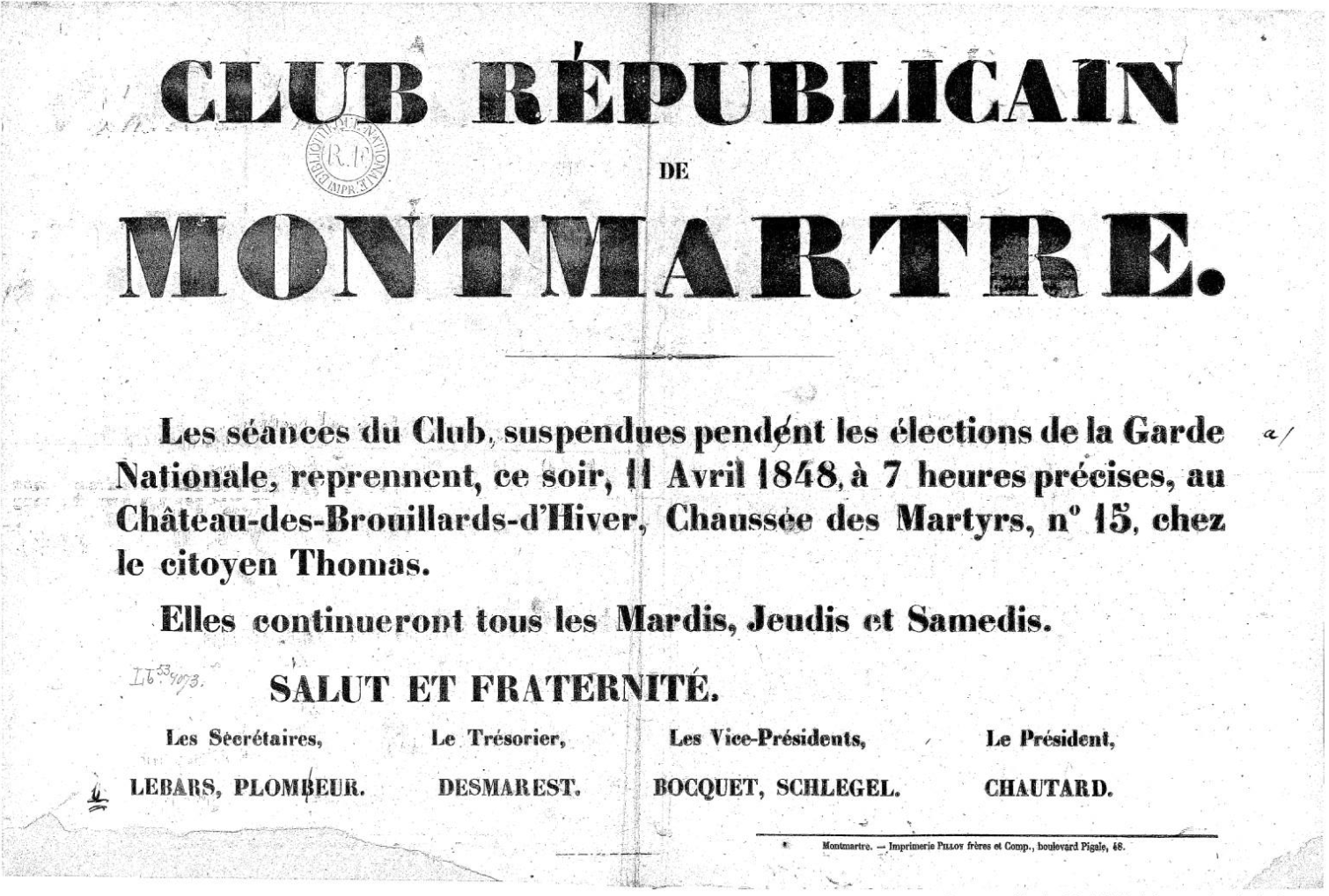 Advertisement for the meetings of the Club Républicain de Montmartre. 