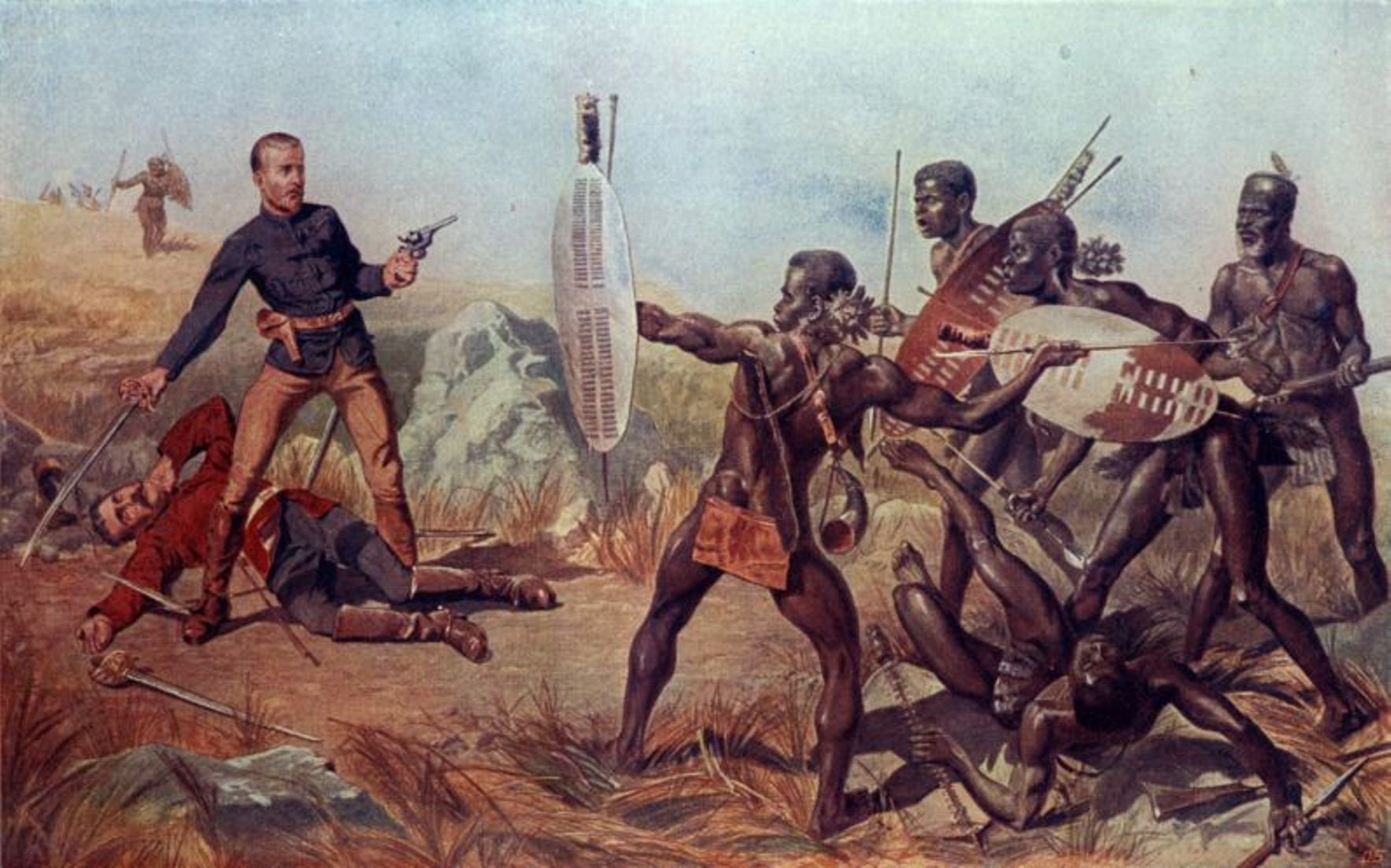 A battle scene between African soldiers and two white soldiers.