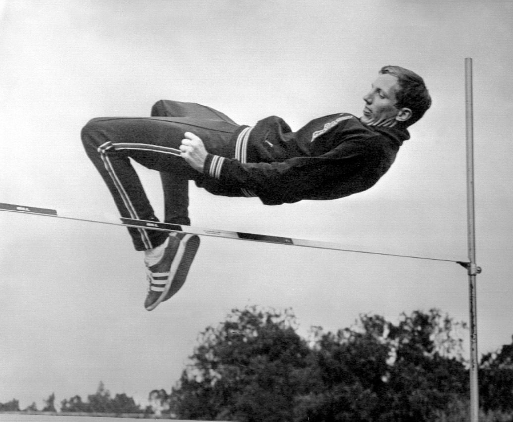 Dick Fosbury doing a high jump. 