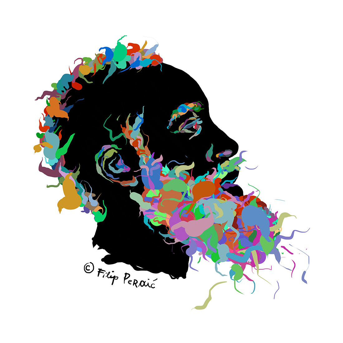 Profile illustration of James Harden with a colorful beard. 