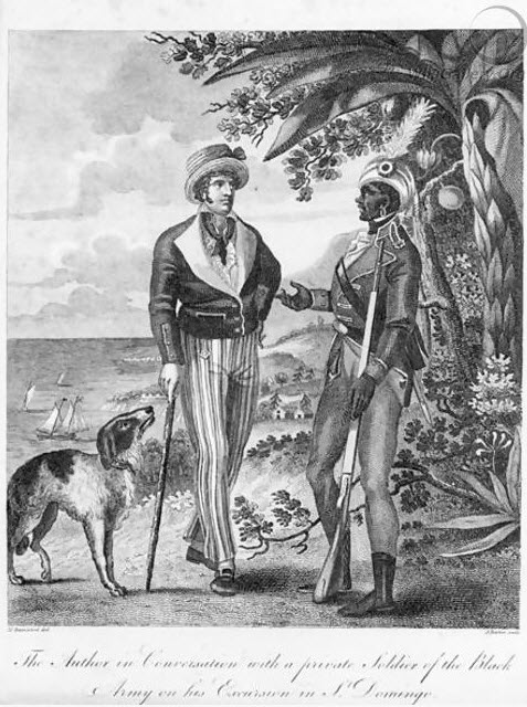 Engraving of a Haitian soldier talking to a white man. 