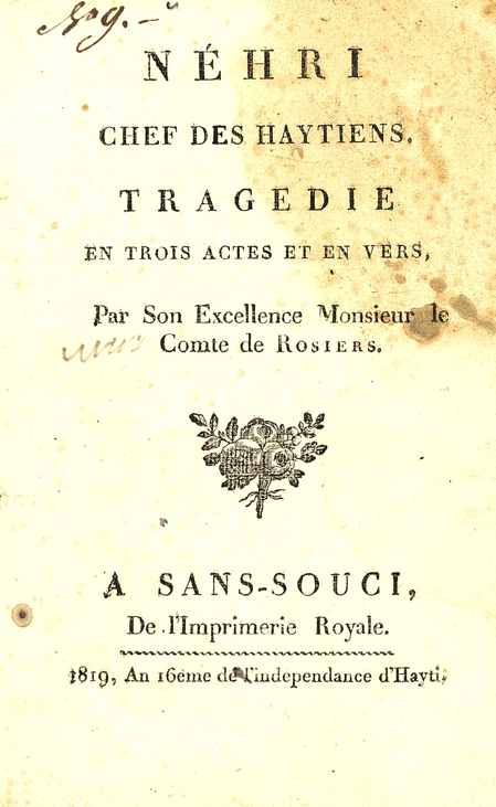 Title page of Néhri chef des Haytiens by Le Comte de Rosiers. 