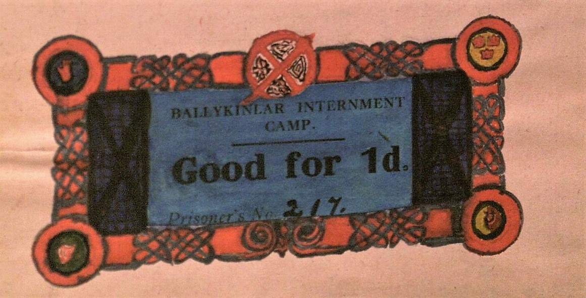 A camp credit ticket for use in the canteen, decorated in Celtic Revival style.