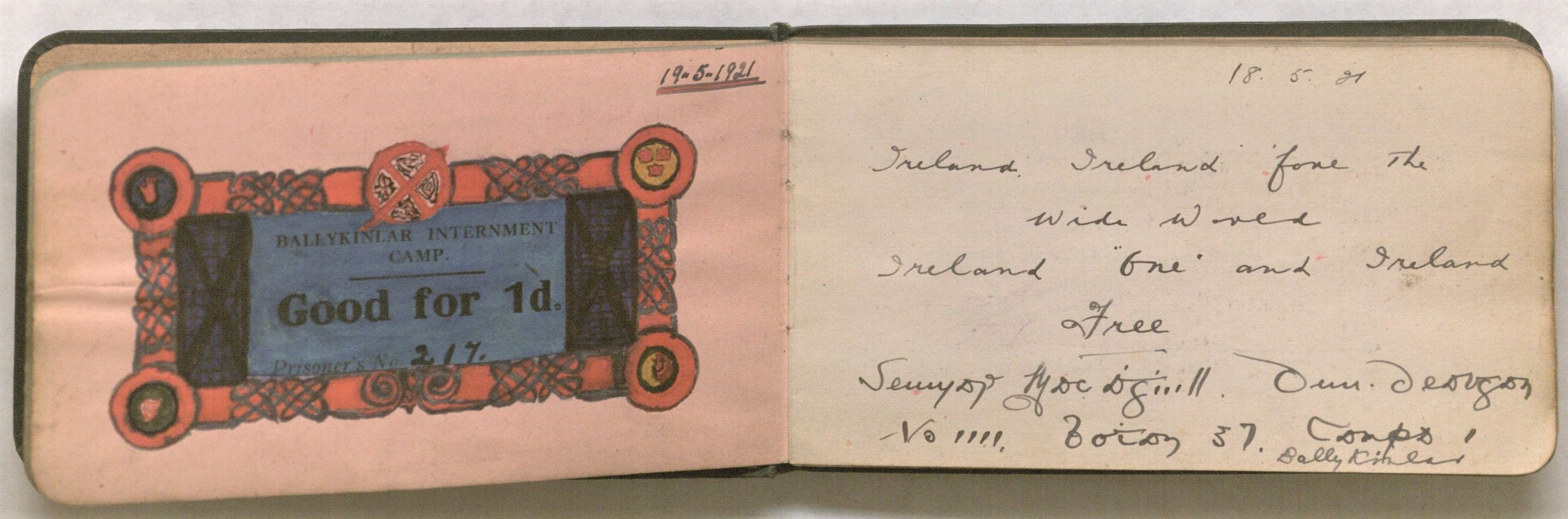 A camp credit ticket for use in the canteen, decorated in Celtic Revival style.