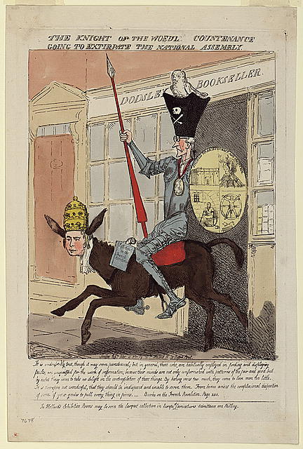 Satirical cartoon of a knight riding a donkey with a man's face.