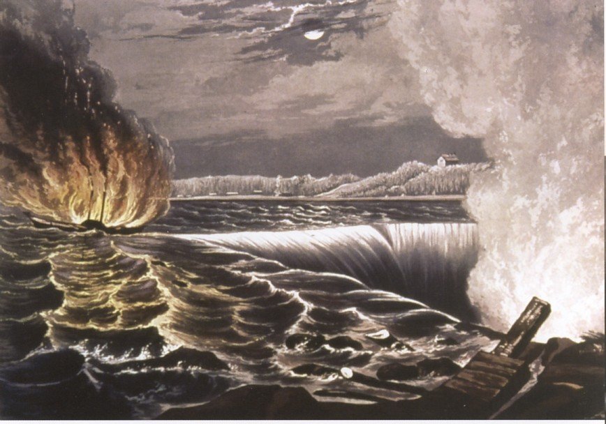 The destruction of the Caroline steamboat by fire.