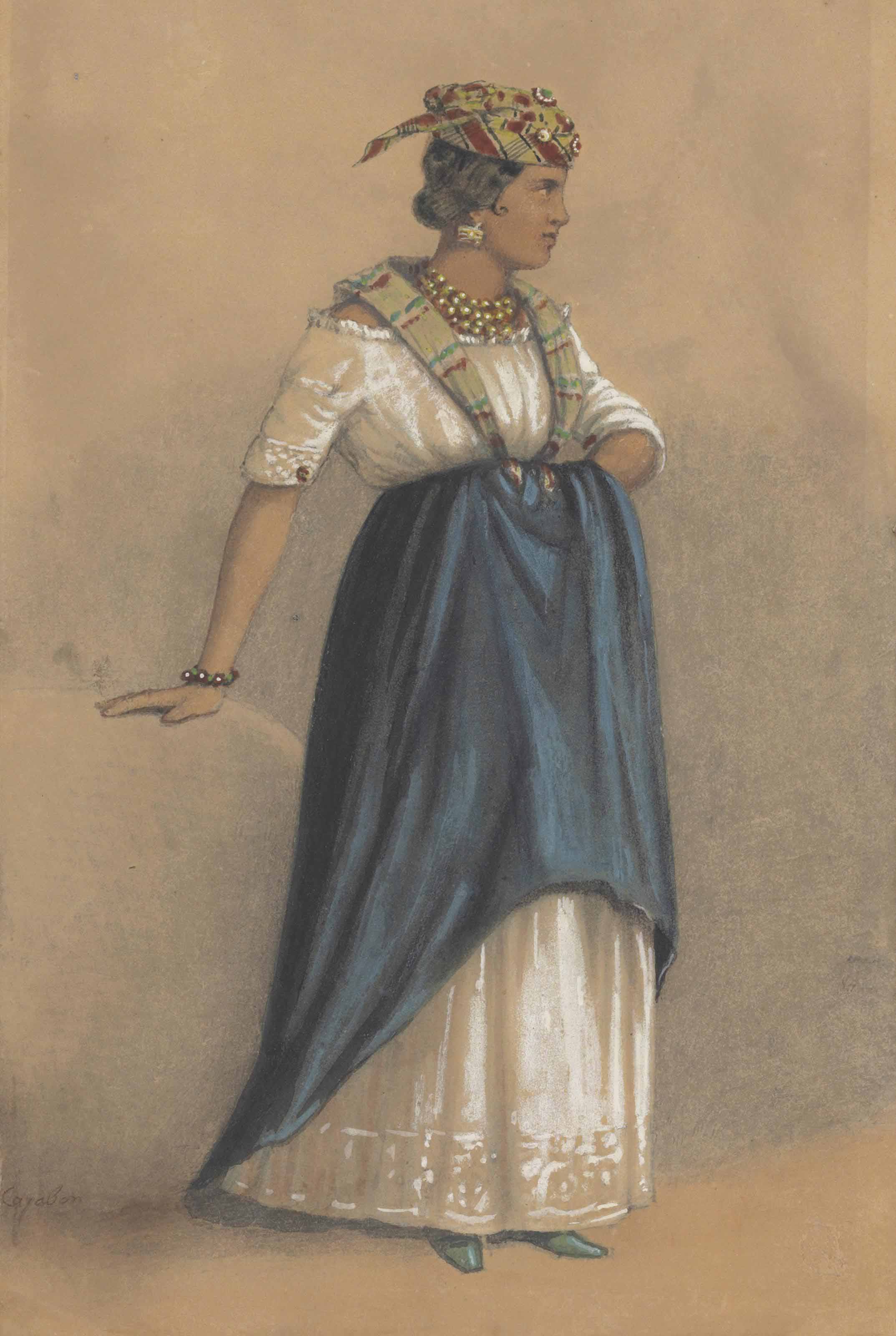 Painting of a woman dressed in traditional Afro-Caribbean dress. 