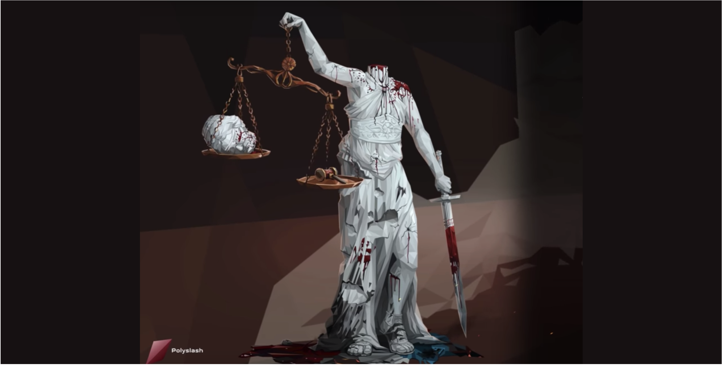 A headless statue holds its head in a scale. 