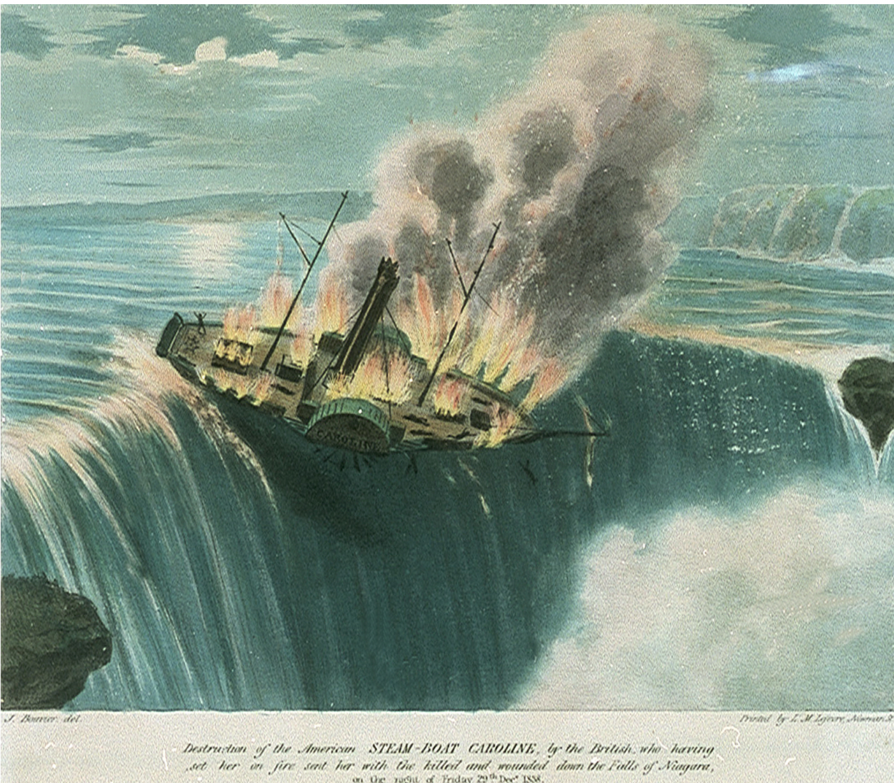 A steam boat falling off a water fall.