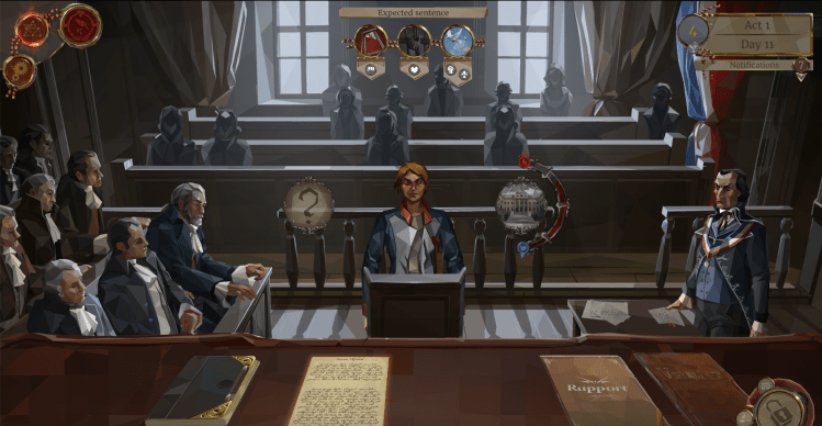 Screenshot of a video game showing men in a court room. 