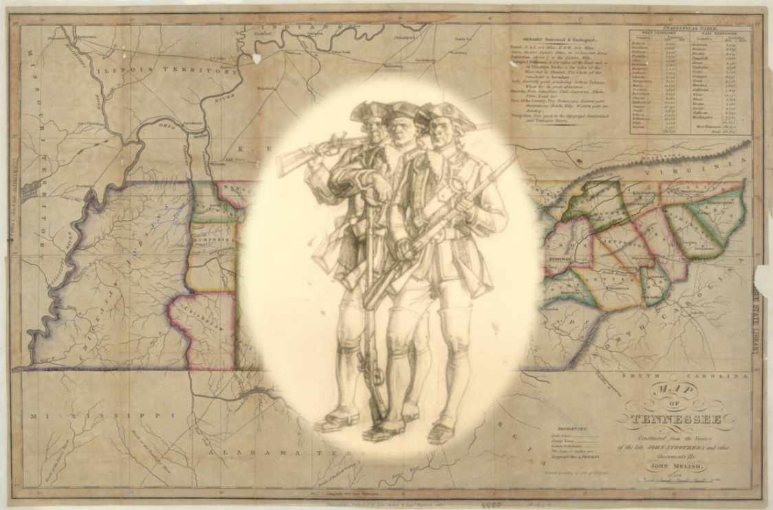 Drawing of three soldiers over a map of Tennessee.