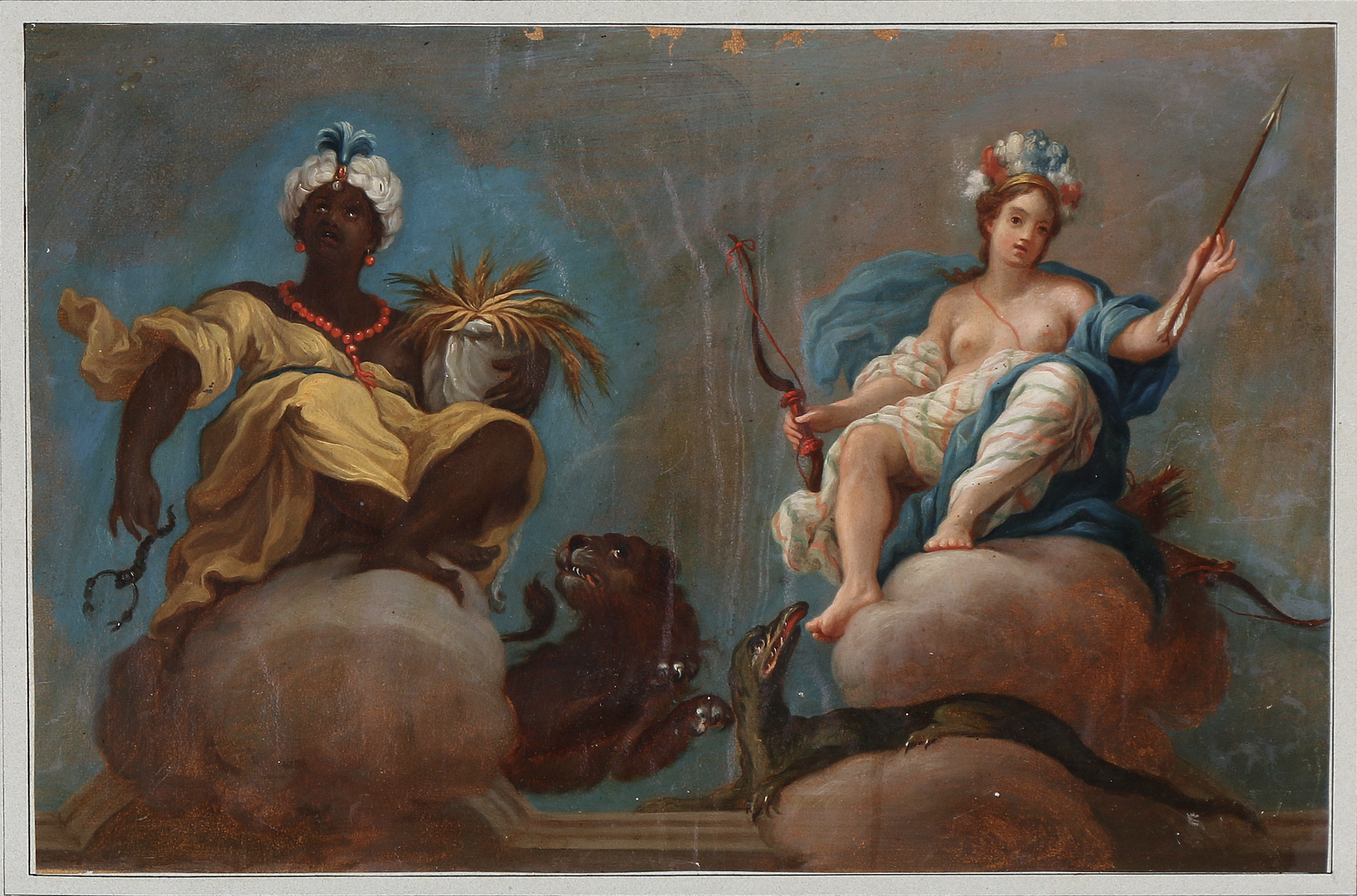 Painting of two women representing Africa and America.