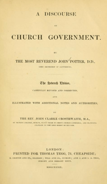 Title page of A discourse of Church Government by John Potter. 