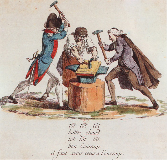 Drawing of men from the three estates working on the Constitution.