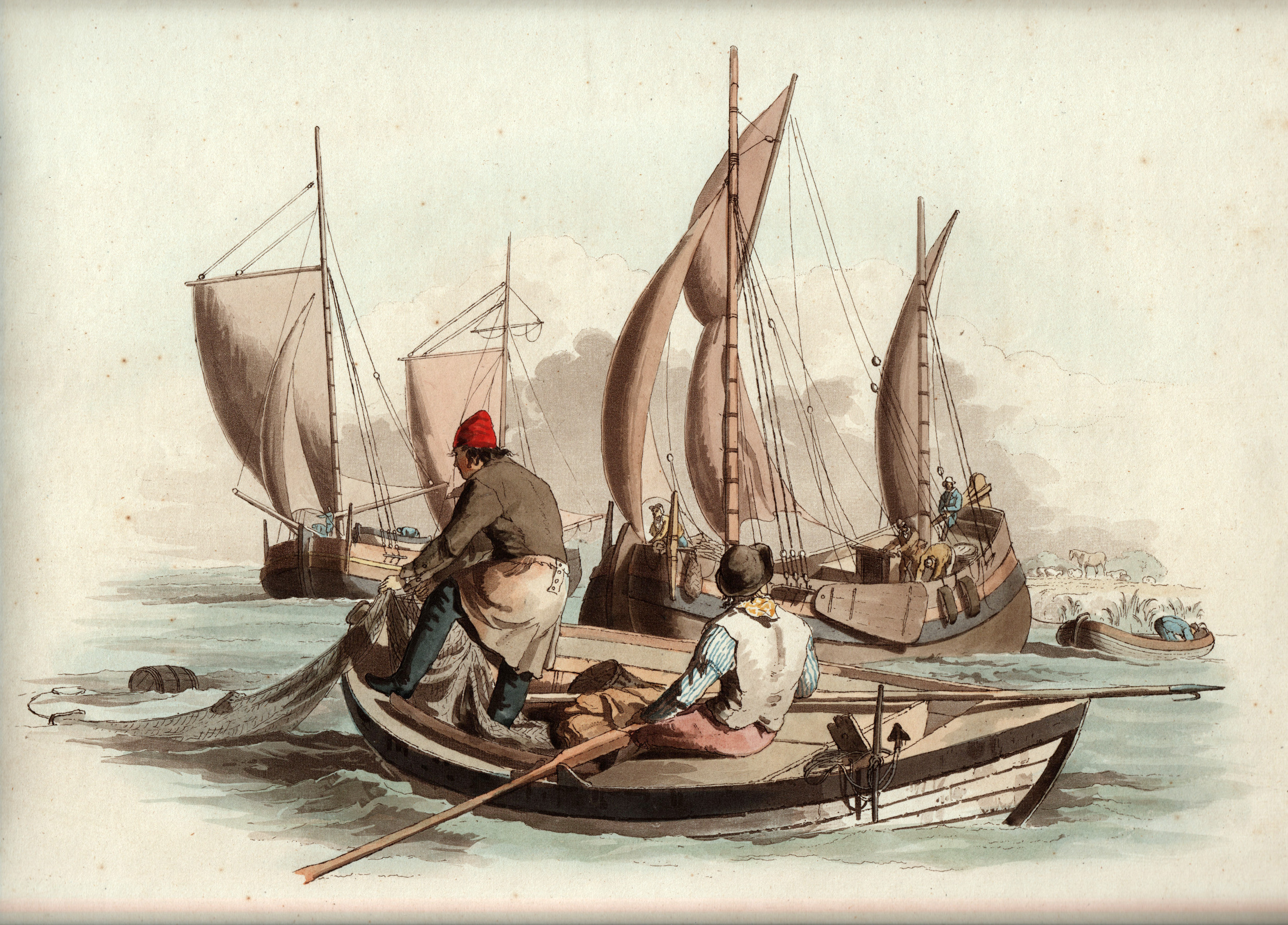 Painting of three fishermen boats. 