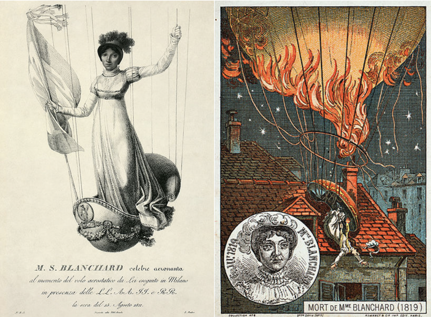 Left: a portrait of M.S. Blanchard 
Right: drawing of M.S. Blanchard falling off a hot air ballon on a house roof. 