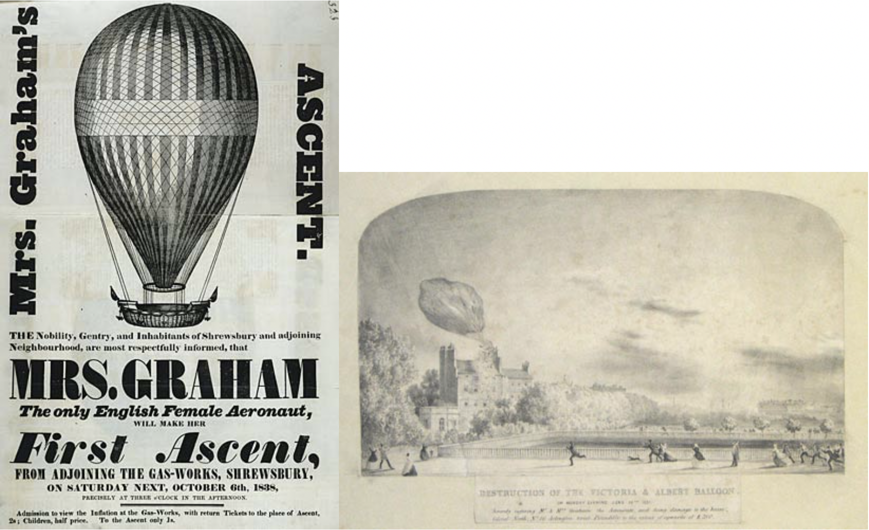 Left: advertisement for Mrs. Graham's balloon.
Right: drawing of the destruction of the Victoria and Albert Balloon. 