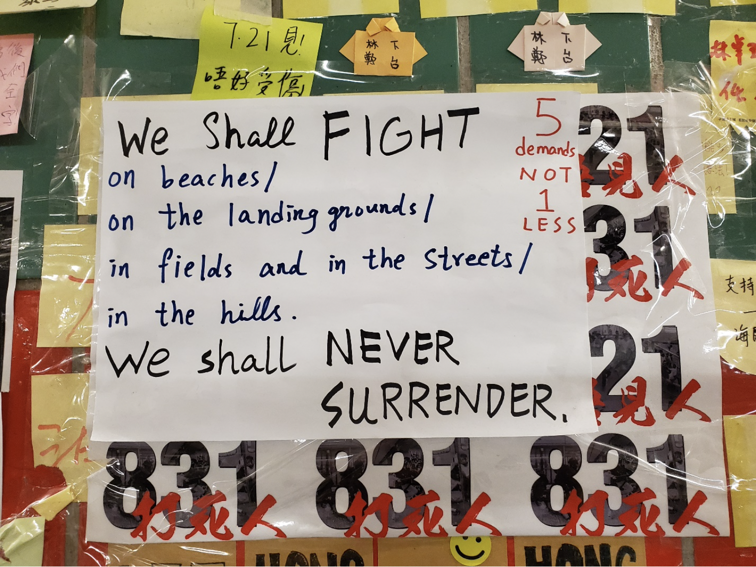 Poster in Tai Po Lennon Tunnel that reads "We shall fight, we shall never surrender."