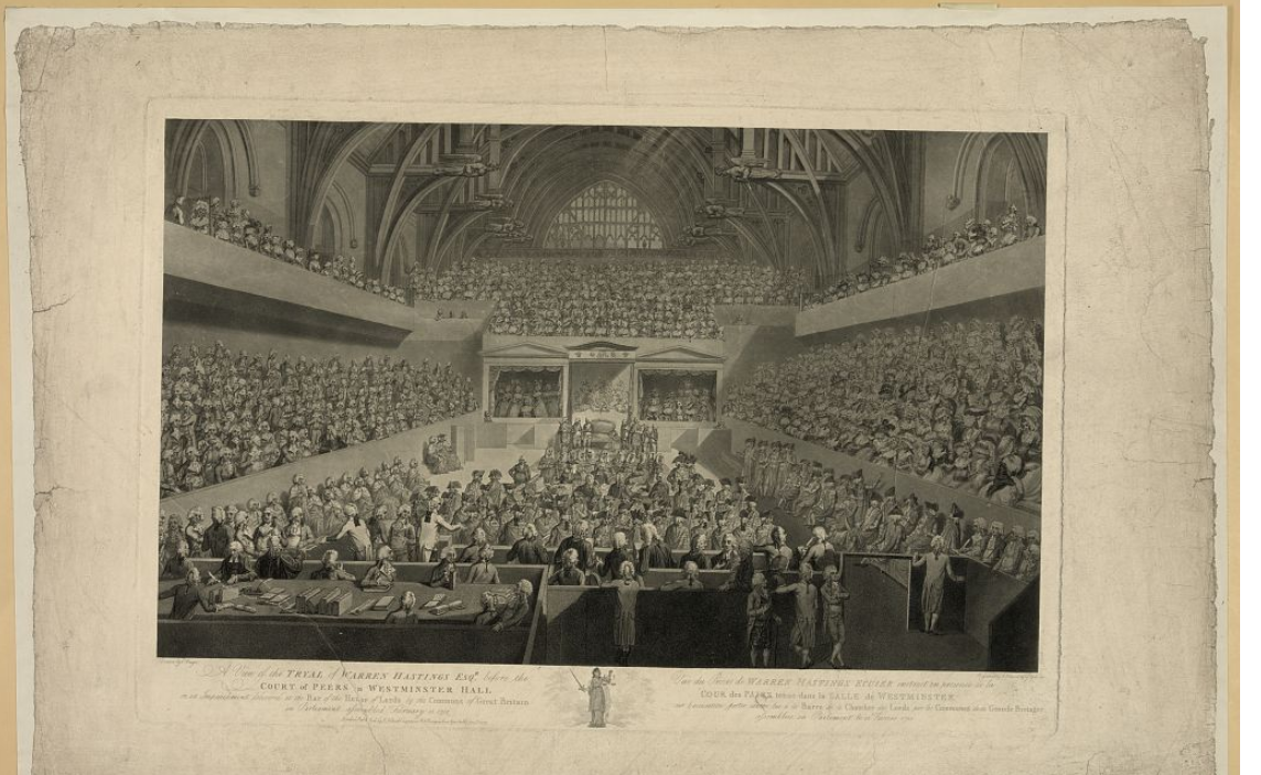 Engraving of the trial of Warren Hastings.