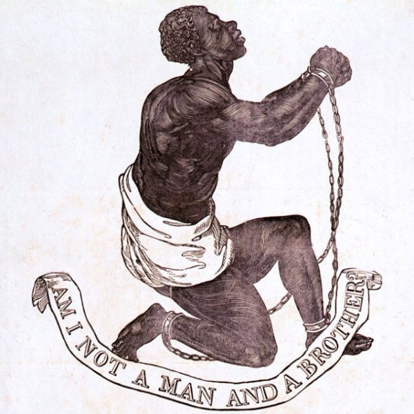 Drawing of an African slave in chains with the caption "Am I not a man and a brother?"