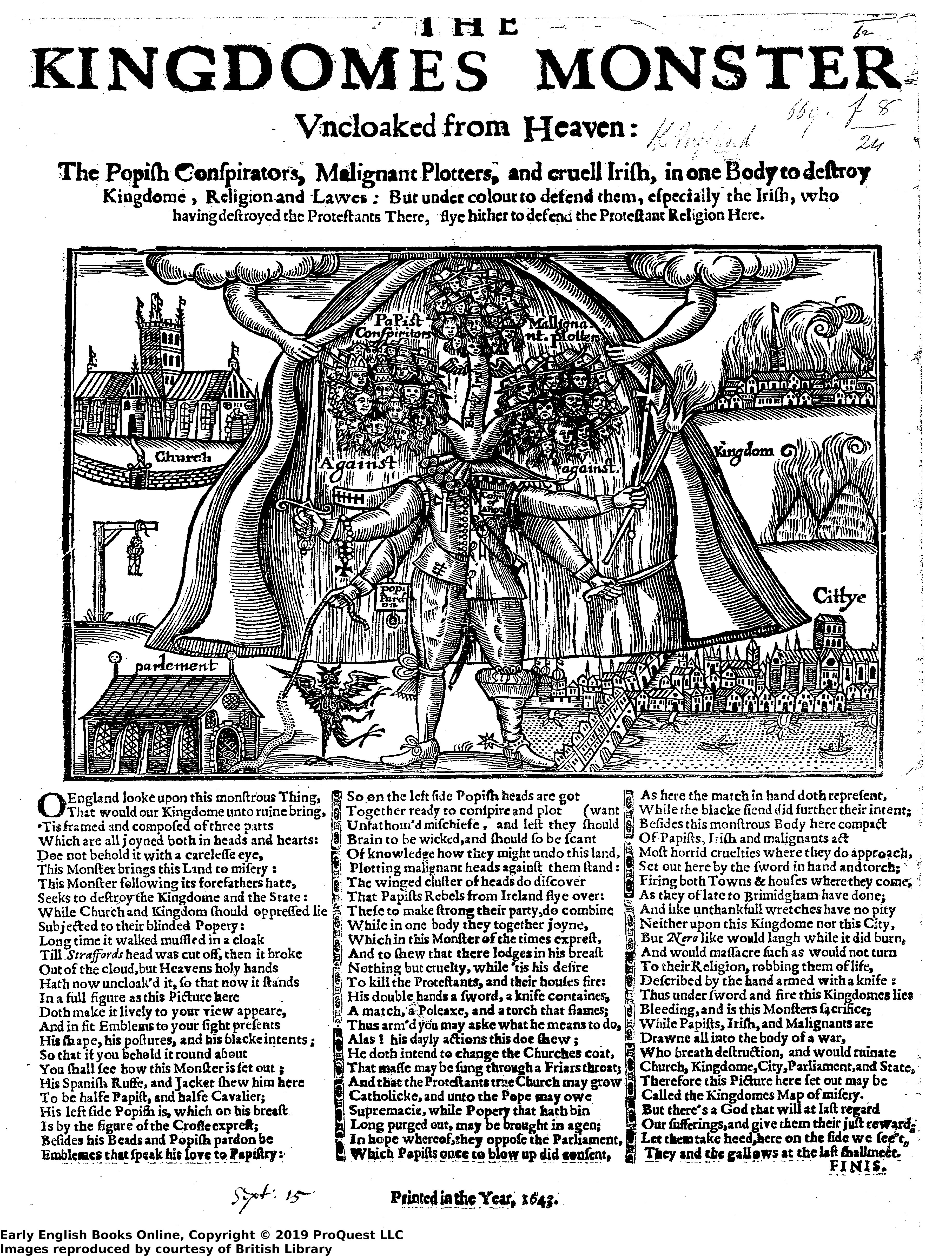 Title page of The Kingdom's Monster Uncloaked with a drawing of a monster. 