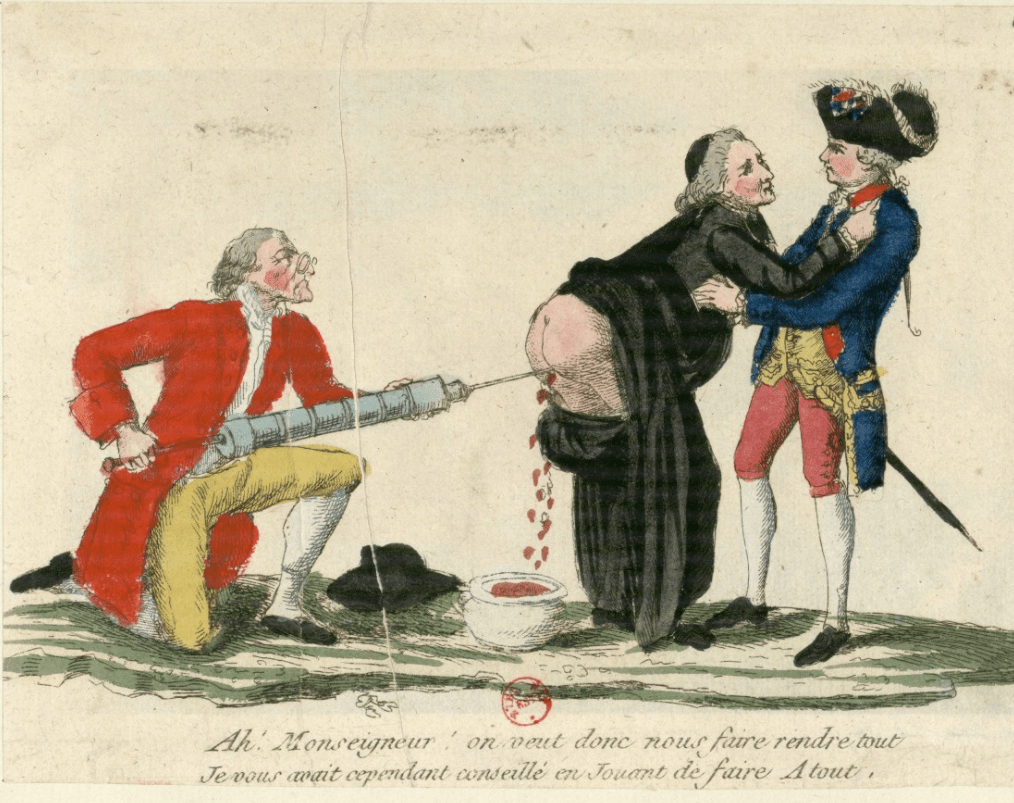 Caricature drawing of two men holding a clergyman and using a syringe to draw blood.