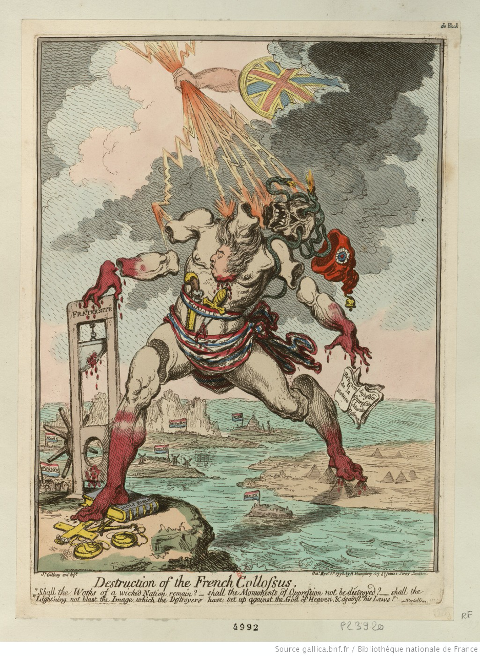 Drawing of a British God striking down the French Revolution colossus.