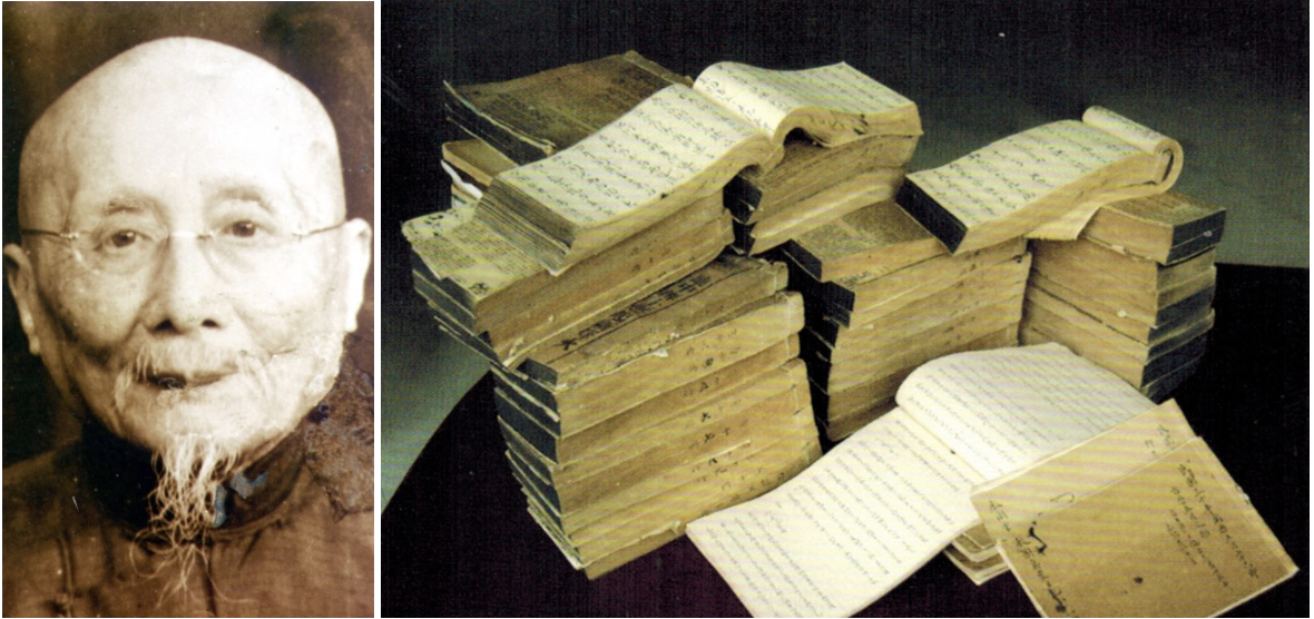 Photograph of Zhang Gang on the left. On the right, stacks of his diary.