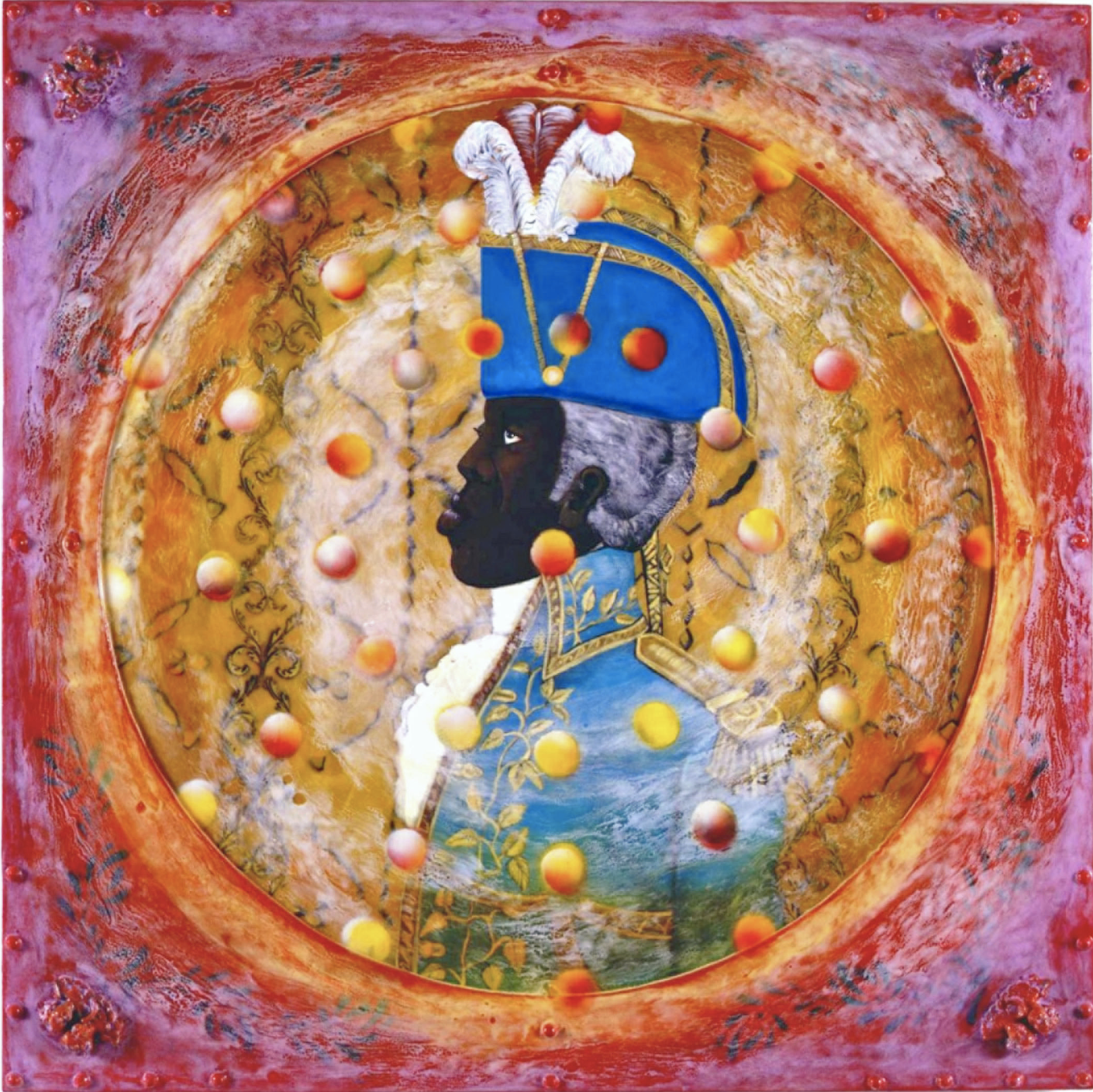 Painting of Général Toussaint surrounded by bright-colored circles and a pink background.