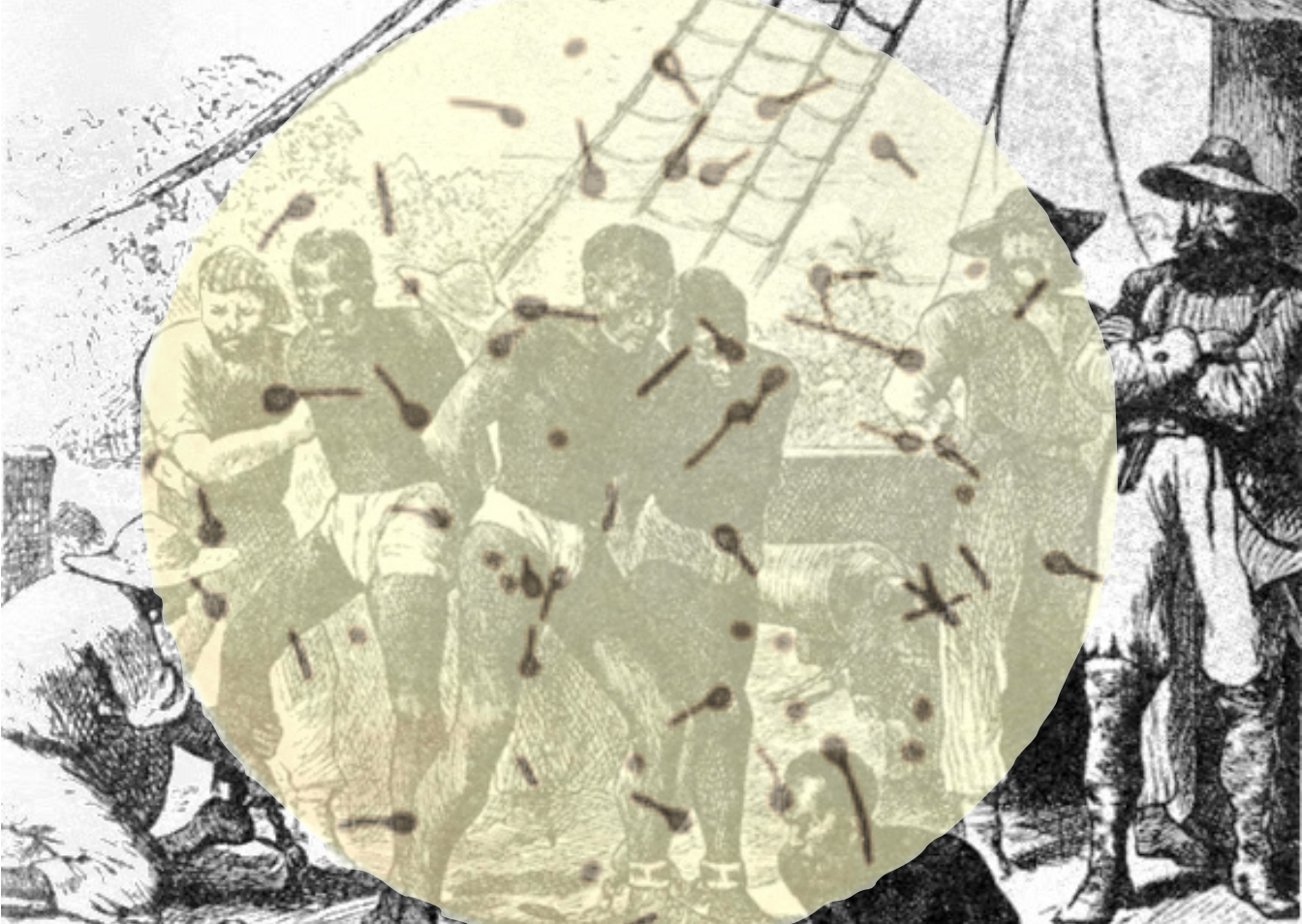 Drawing of enslaved Africans with tetanus culture overlaid.